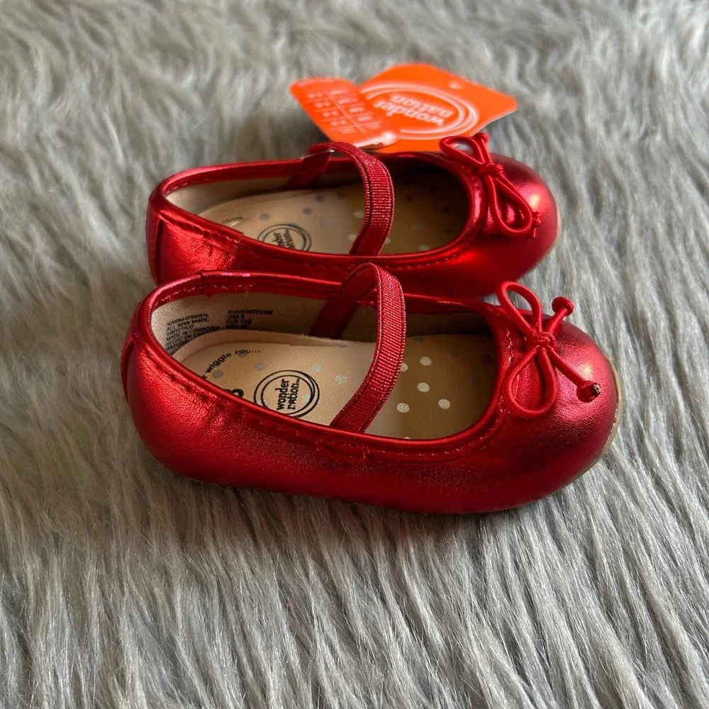 Wonder Nation Bow Ballet Shoes Baby Girls Size 3 Red Mary‎ Jane Slip On NEW